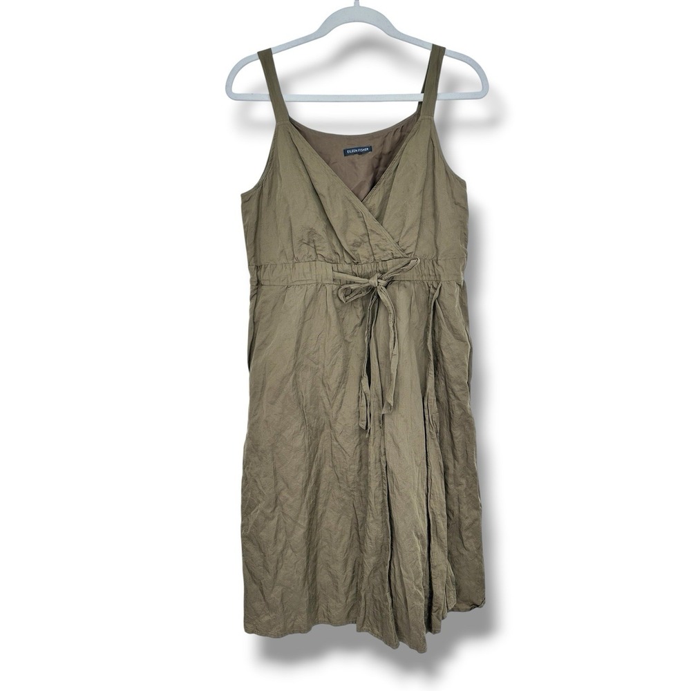Eileen Fisher Steel Satin Faux Wrap Tie Front Surplice Olivine Dress S Modern